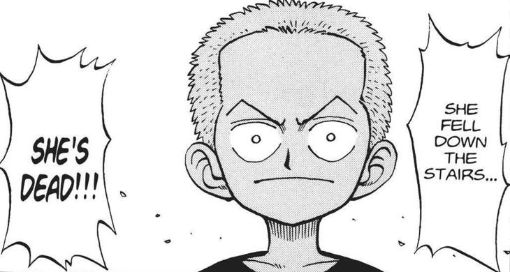 A panel featuring a young Zoro. The speech bubbles say: She fell down the stairs! She's dead!